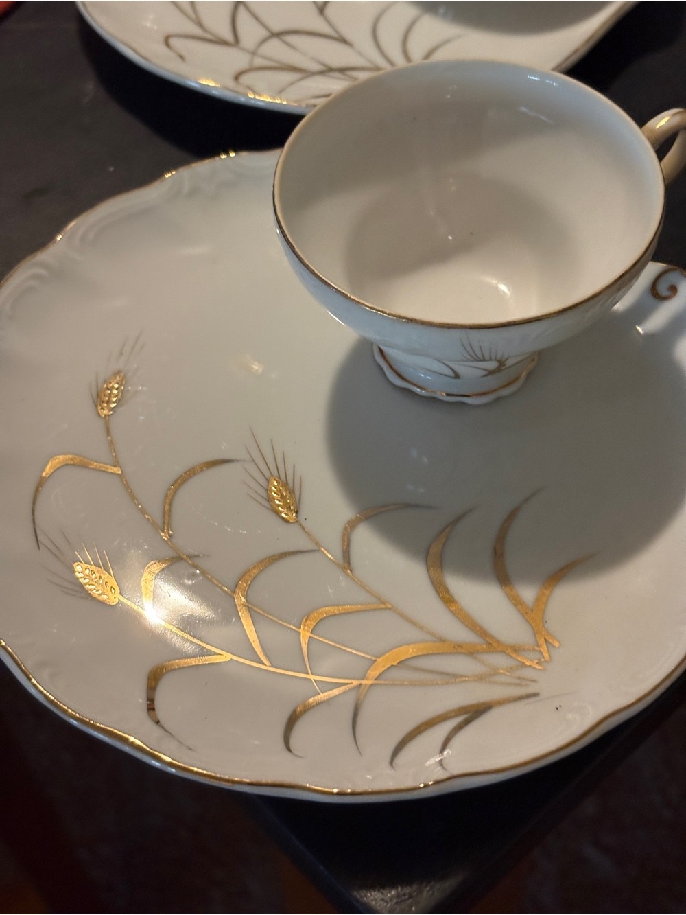 White Porcelain Tea Cup & Saucer Set with Gold Wheat Motif
